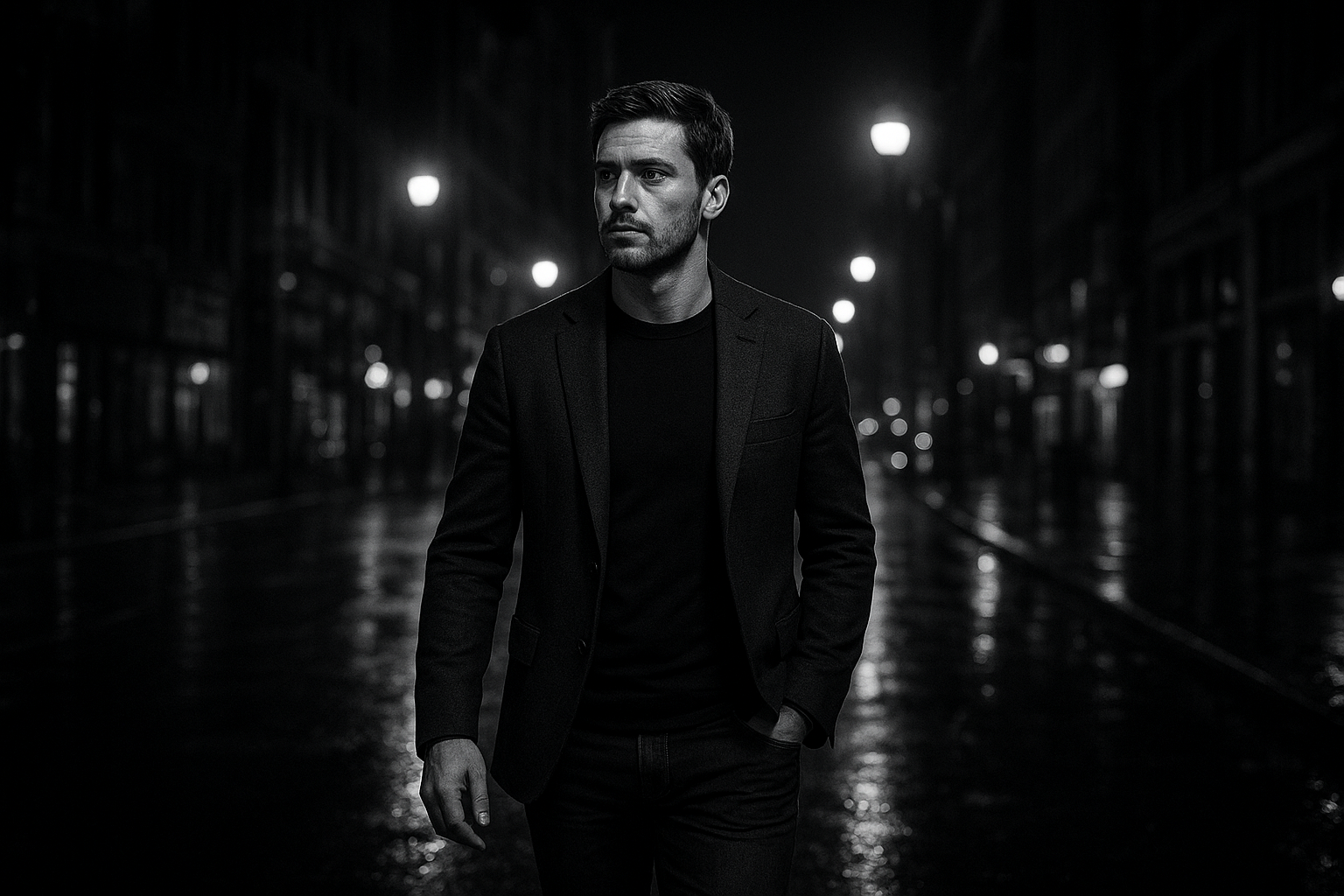 A calm, confident individual walks through a dimly lit urban street at night, sharply in focus against a blurred, rain-soaked city background, projecting awareness, strategy, and composure—illustrating what it means to be a fighter without aggression.