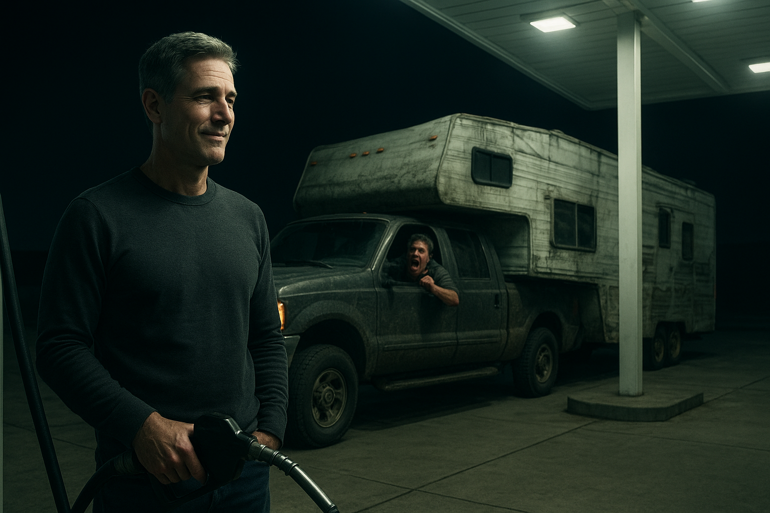 A photorealistic nighttime gas station scene showing a calm, middle-aged man pumping gas under harsh canopy lights, while behind him a dirty pickup truck towing a battered RV sits half in shadow. The truck’s driver leans out of the window screaming in a fit of road rage, creating a stark contrast between the man’s composed demeanor and the angry figure emerging from the darkness.