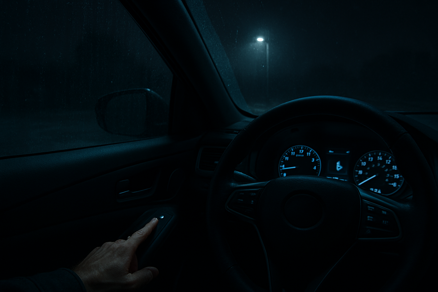 A moody, nighttime POV from the driver’s seat shows a hand pressing the door lock button inside a dimly lit car, illuminated by cool blue dashboard gauges. Rain streaks across the window, revealing a dark parking lot under a lone streetlamp. The contrast between the secure interior and the shadowy exterior visually reinforces the theme of vehicle safety.
