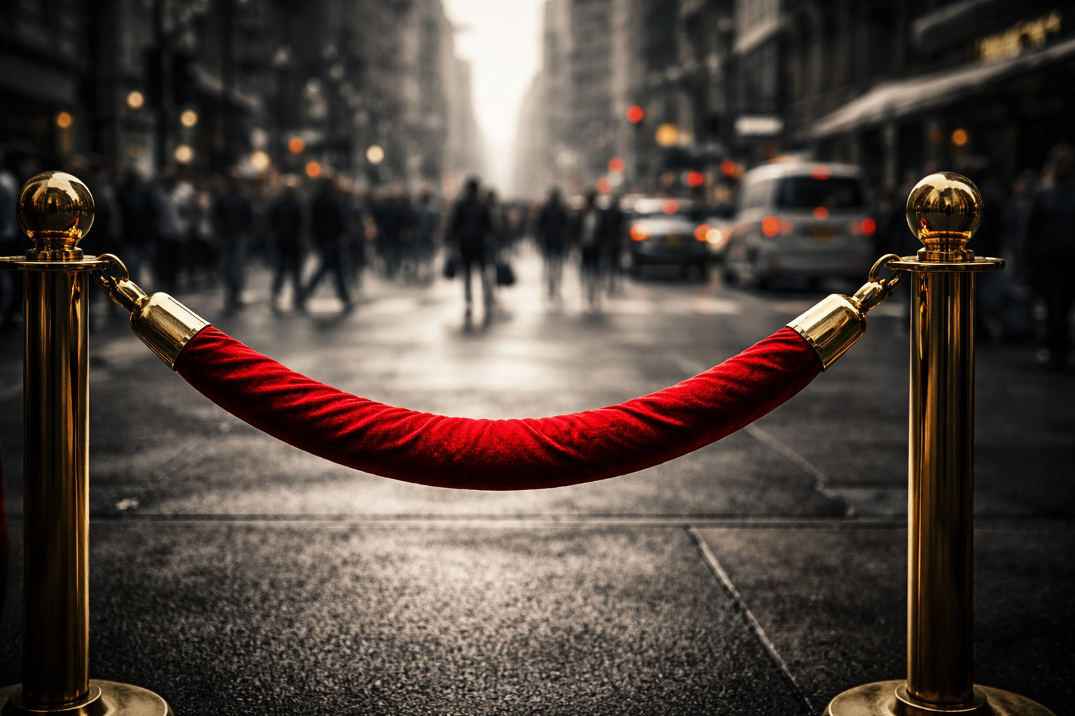 Low-angle, cinematic image of a rich red velvet rope between polished brass stanchions forming a calm, protected foreground, while a blurred, chaotic greyscale city crowd rushes behind it—symbolizing how to Set Boundaries Without Being Aggressive through quiet strength and separation.