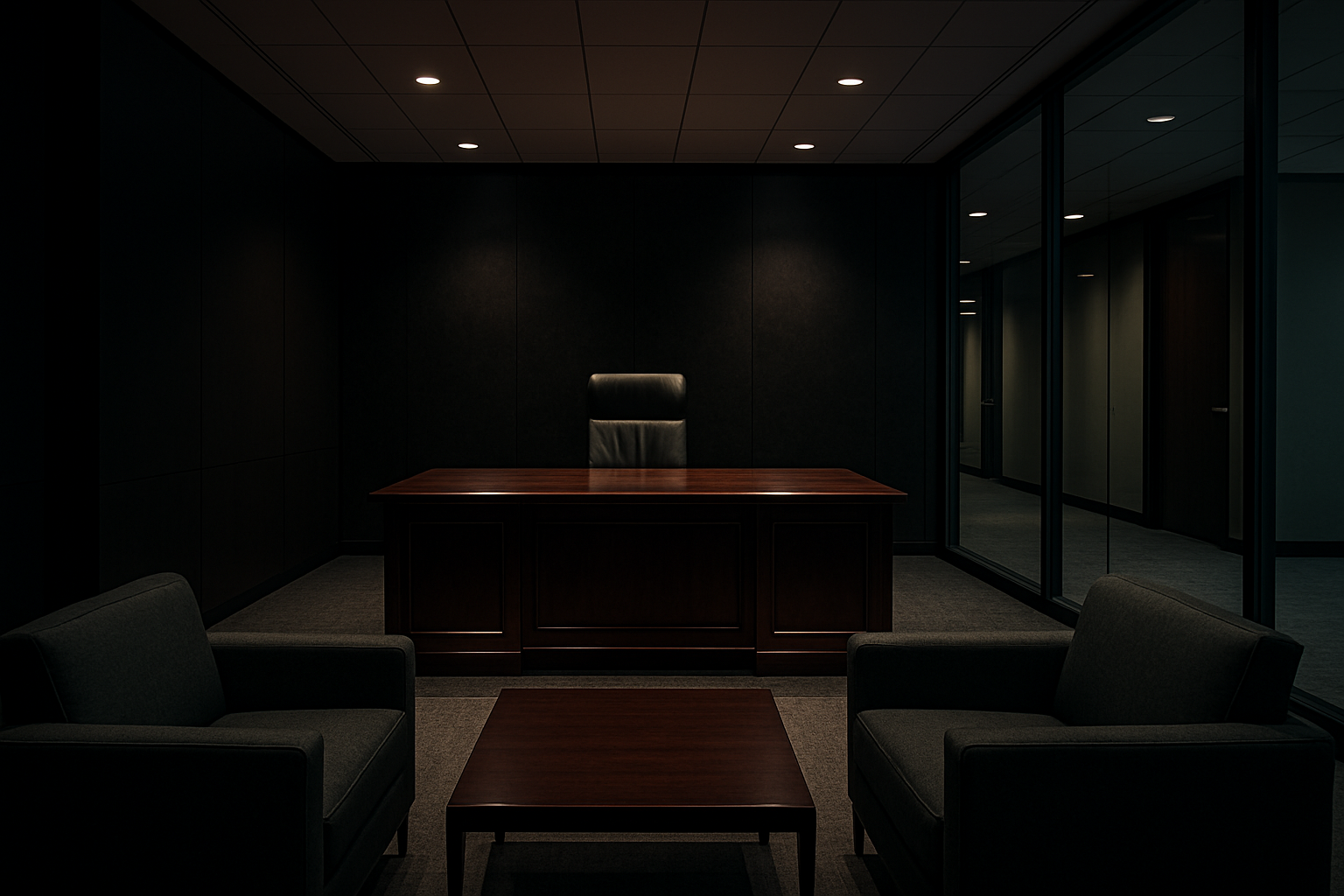 Wide-angle view of a secure executive office with a command-position desk backed by a solid wall, glass witness-line walls to the hallway, and a low coffee table forming a soft barrier—an example of an effective office safety layout.