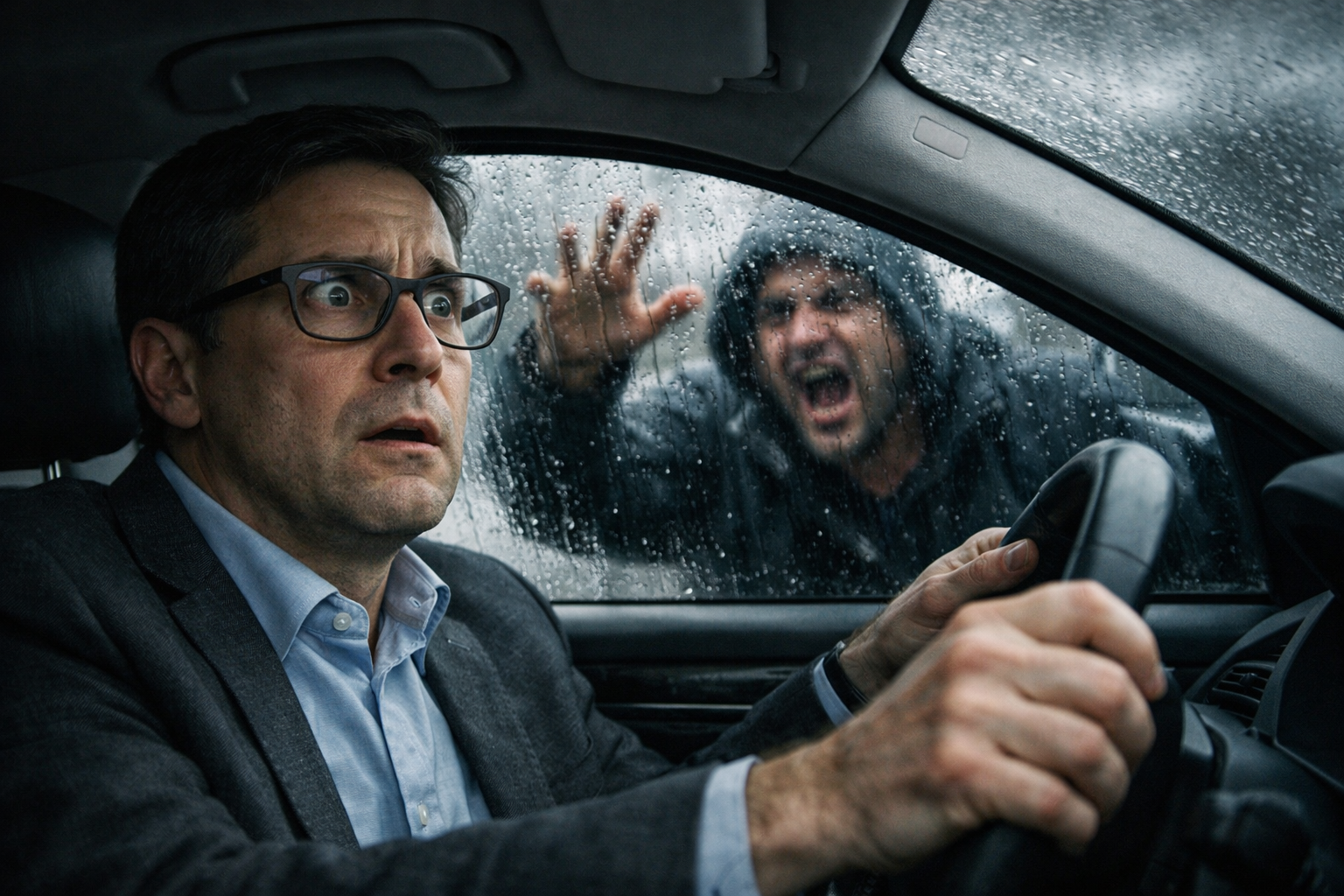 A hyper-realistic, wide-angle cinematic view from inside a modern sedan shows a middle-aged professional man gripping the steering wheel, eyes wide in a visible freeze response, as an aggressive man shouts and pounds on the rain-soaked driver’s window, emphasizing psychological shock, isolation, and sudden threat.