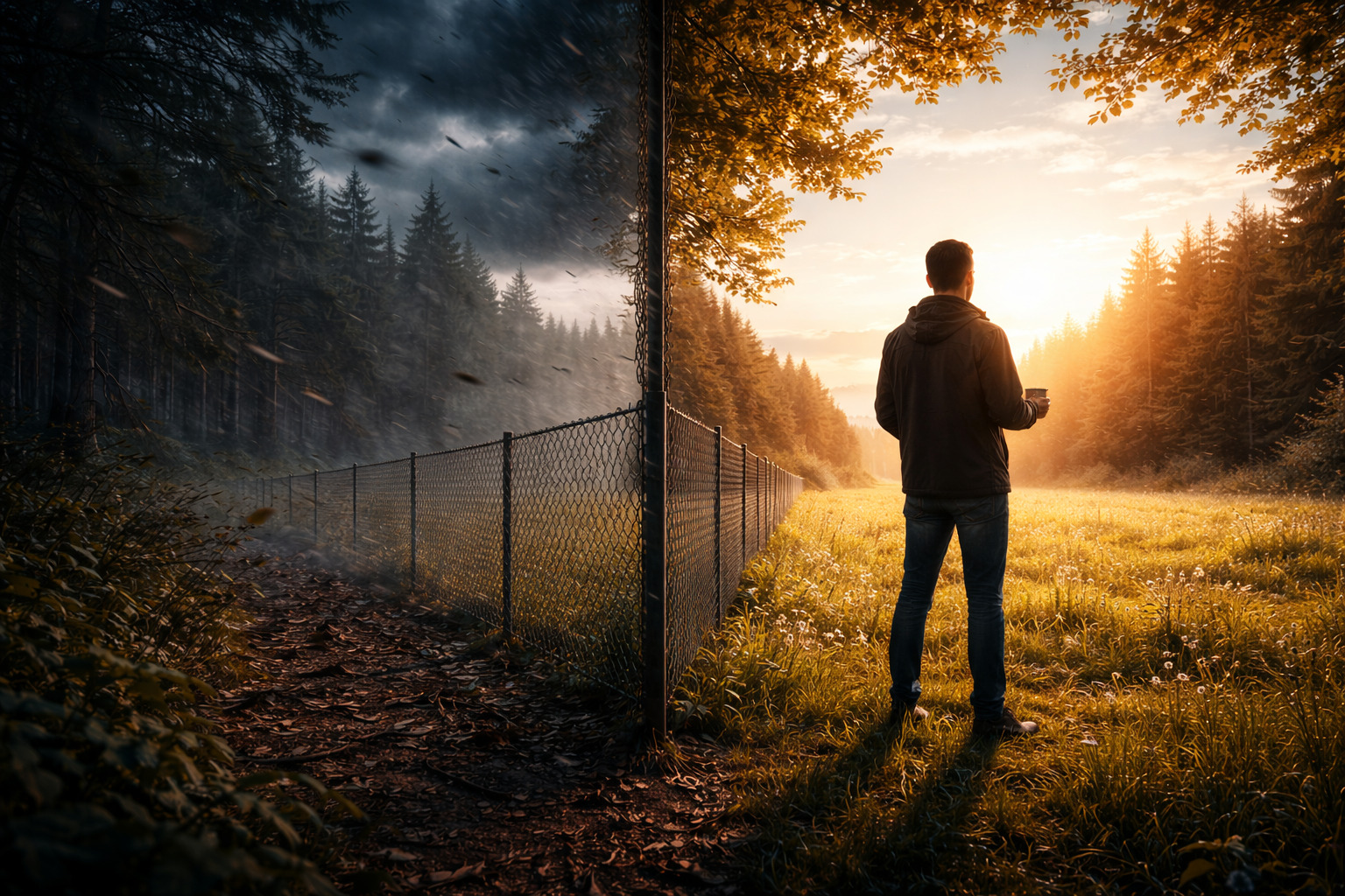 Wide-angle cinematic scene of a sturdy wire fence dividing a dark, stormy forest from a warm, sunlit open field, illustrating Strategic Insulation as a calm individual stands confidently on the safe side holding a coffee and observing the chaos beyond the boundary.