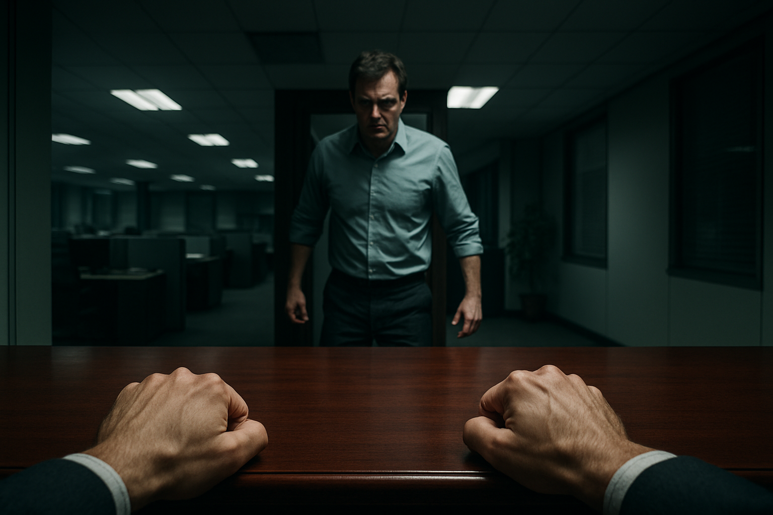 POV view from behind an executive desk with tense, white-knuckled hands in the foreground as a hostile man blocks the office doorway, symbolizing the psychological pressure of how to handle an aggressive employee in a modern corporate workplace.