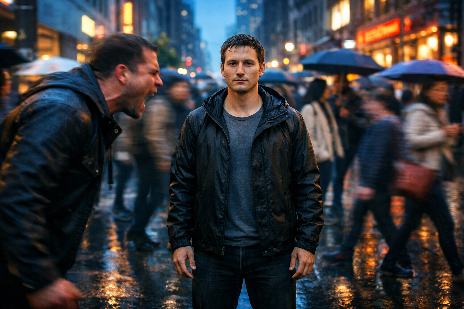 A calm, centered person stands in sharp focus on a rain-slicked city sidewalk at blue hour while an aggressive individual shouts inches from their face, blurred with frantic motion. Neon lights reflect off the wet street and rushing pedestrians streak past in the background, illustrating inner stillness amid chaos and the message to “Override Your Biological Urge to Hit Back.”