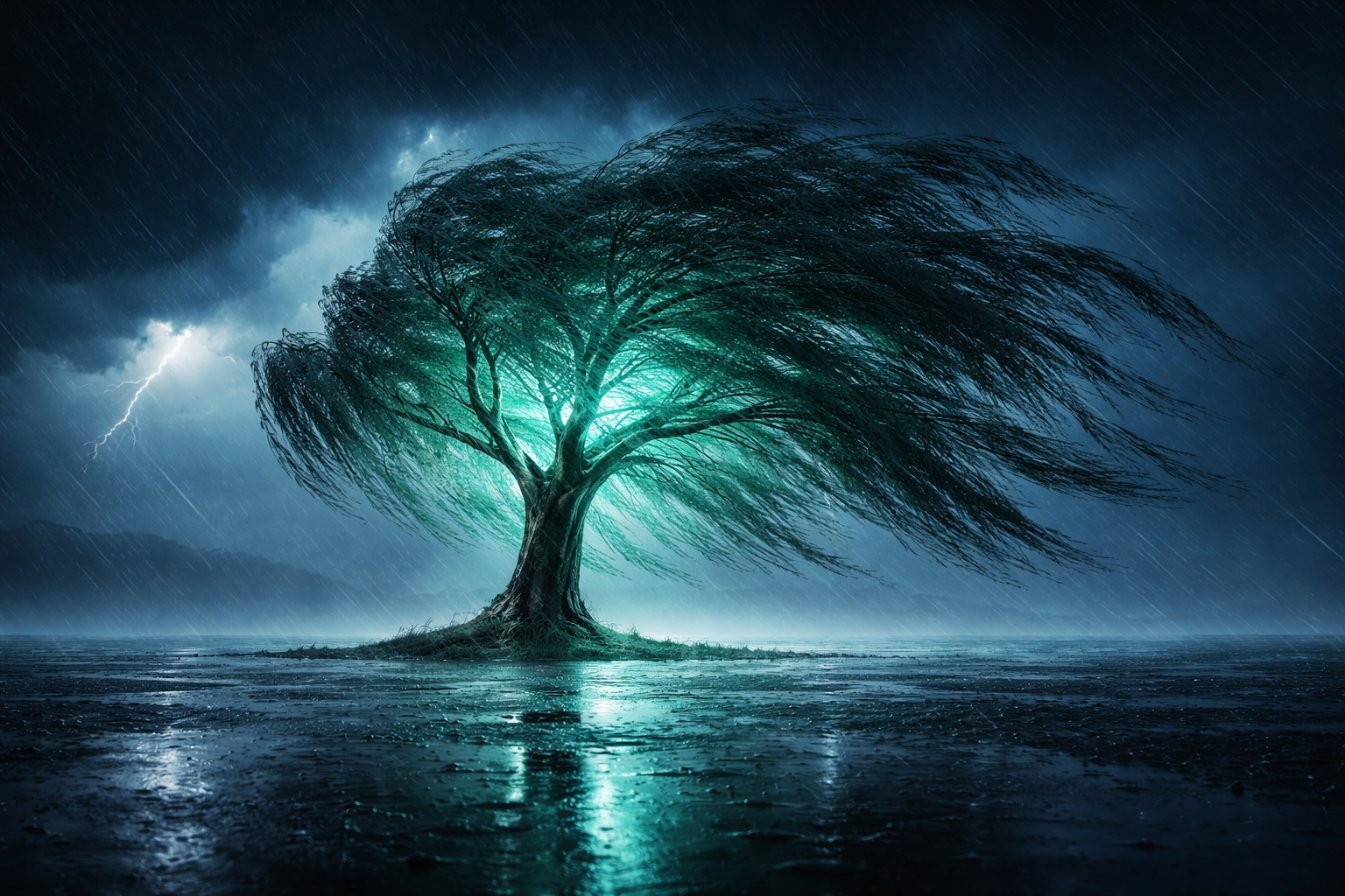 A resilient willow tree glowing with internal teal light during a storm