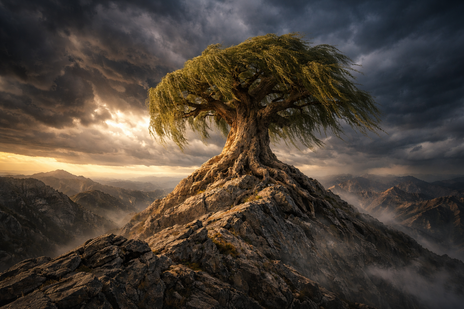 Majestic willow on a stormy peak
