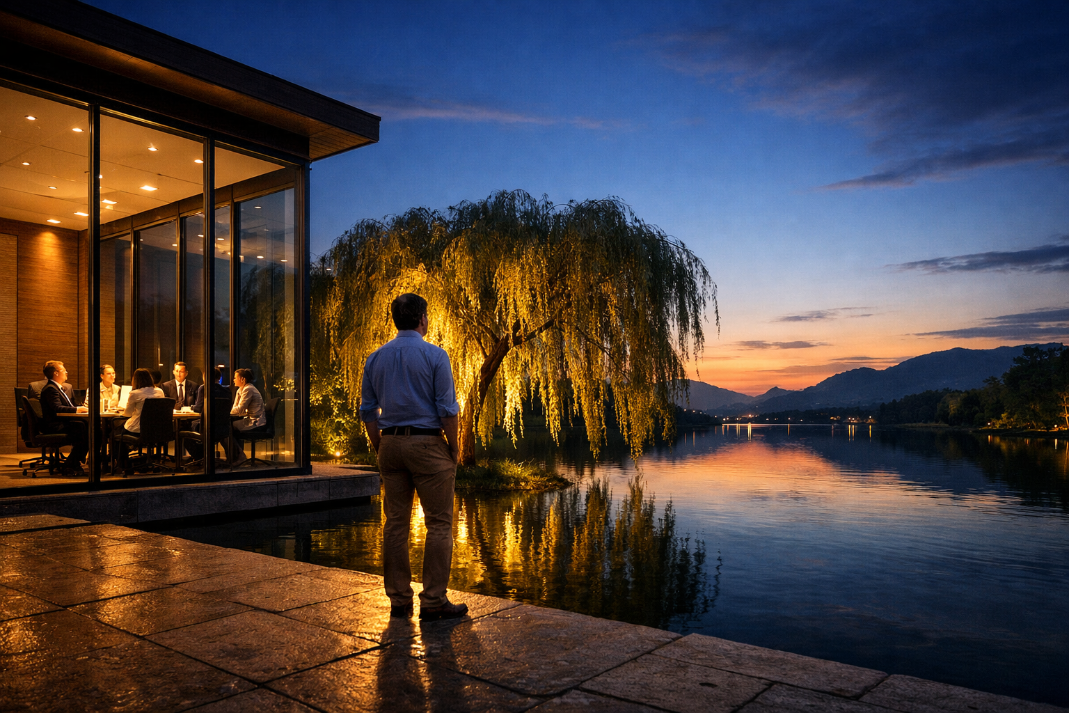 A willow tree bending gracefully in the wind by a lake at twilight, symbolizing resilience and flow