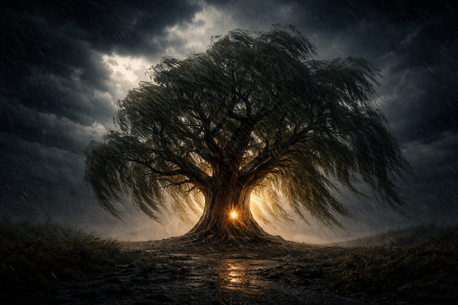 A wide-angle, cinematic photograph of an ancient willow tree standing alone in a violent twilight storm. Dark, swirling clouds and wind-driven rain surround the scene while the tree’s long branches bend and flow with the wind. At the center of the trunk, a soft, warm golden glow radiates gently, contrasting with the deep charcoal sky and muted sage-green leaves, conveying calm, inner stability amid chaos.