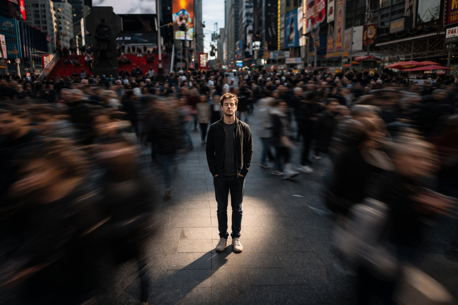 A calm person standing grounded and still while a busy, blurred crowd moves around them, representing personal sovereignty.