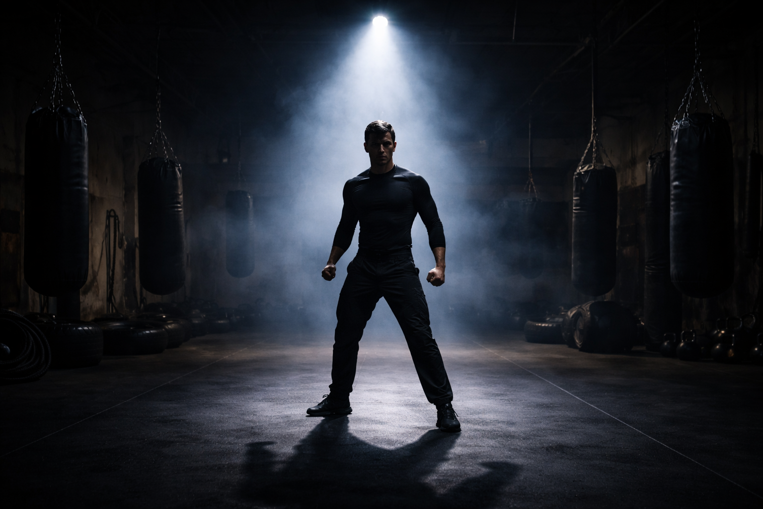 A person in a focused training stance under a spotlight looking alert and ready for action.