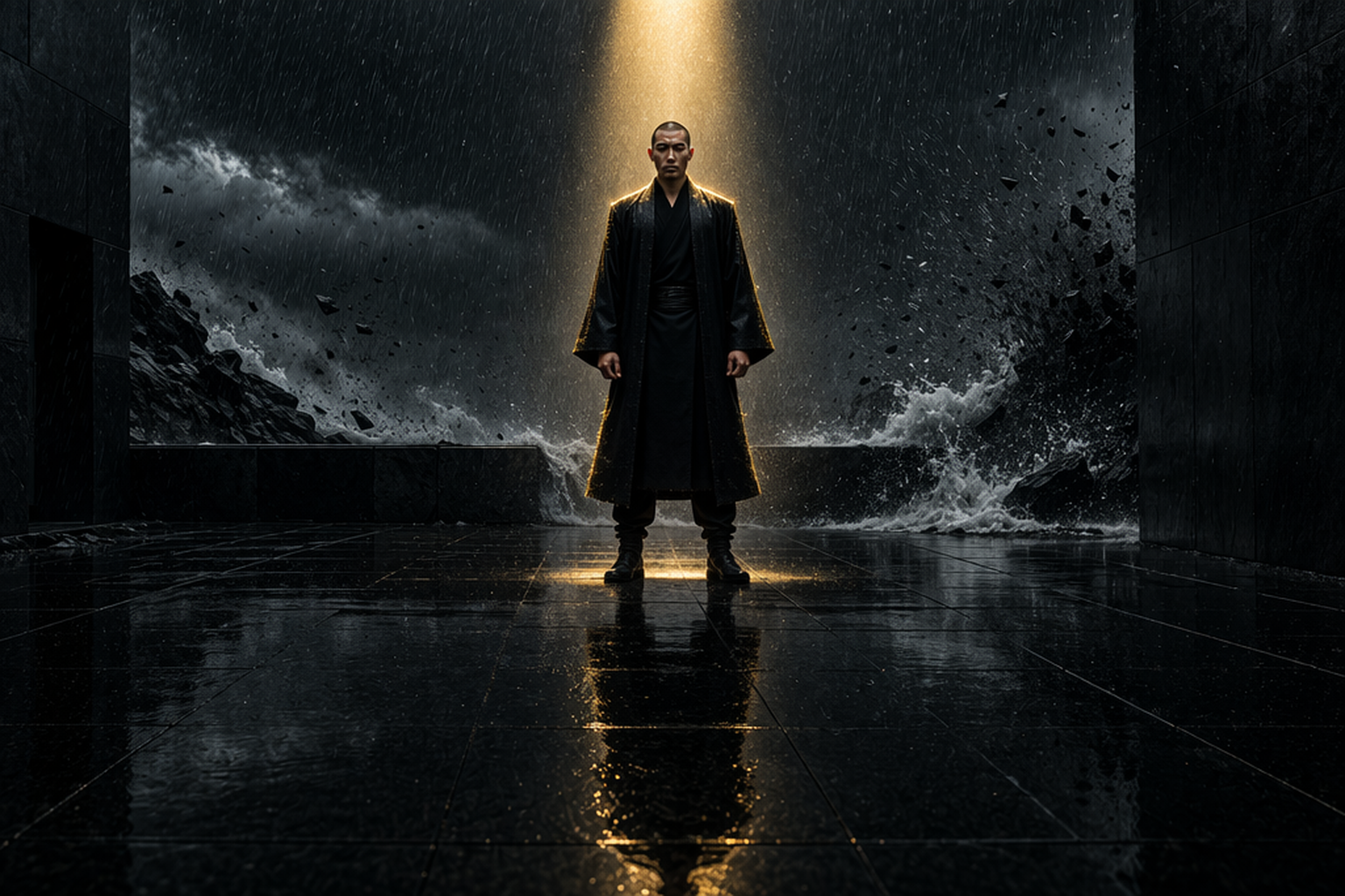 A person standing calm and unaffected in a violent storm, representing personal sovereignty and the decision to own your results