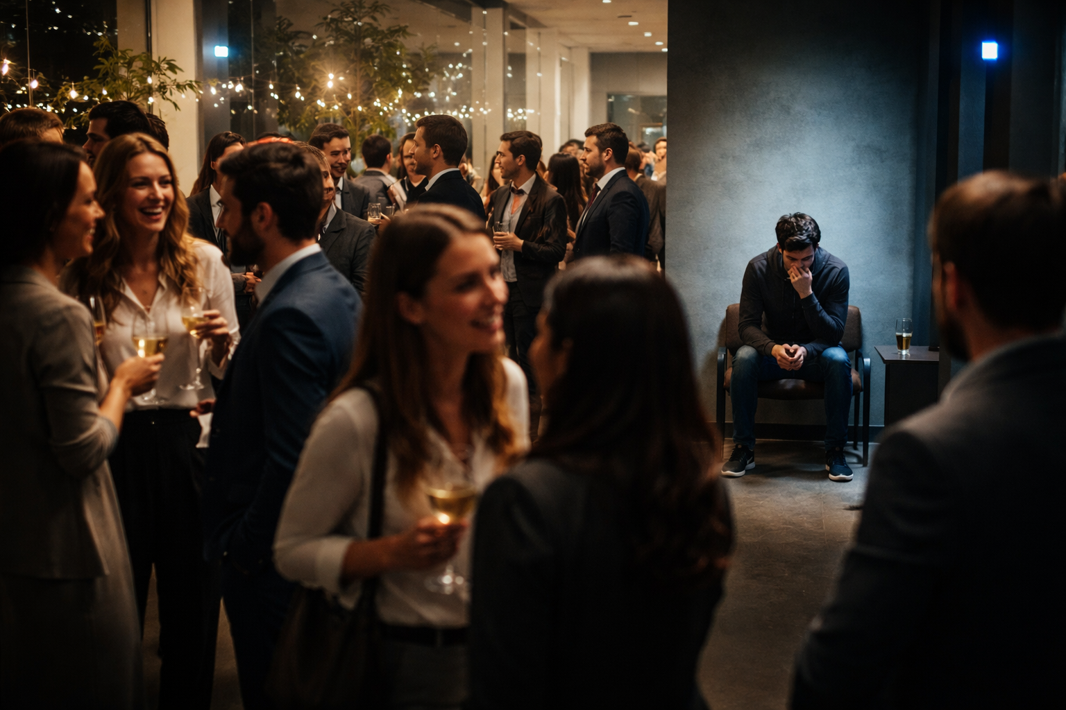 A dejected man sitting alone in the background of a lively office party, representing how linguistic sabotage and weak communication habits lead to social isolation, a negative self-concept, and feelings of helplessness.