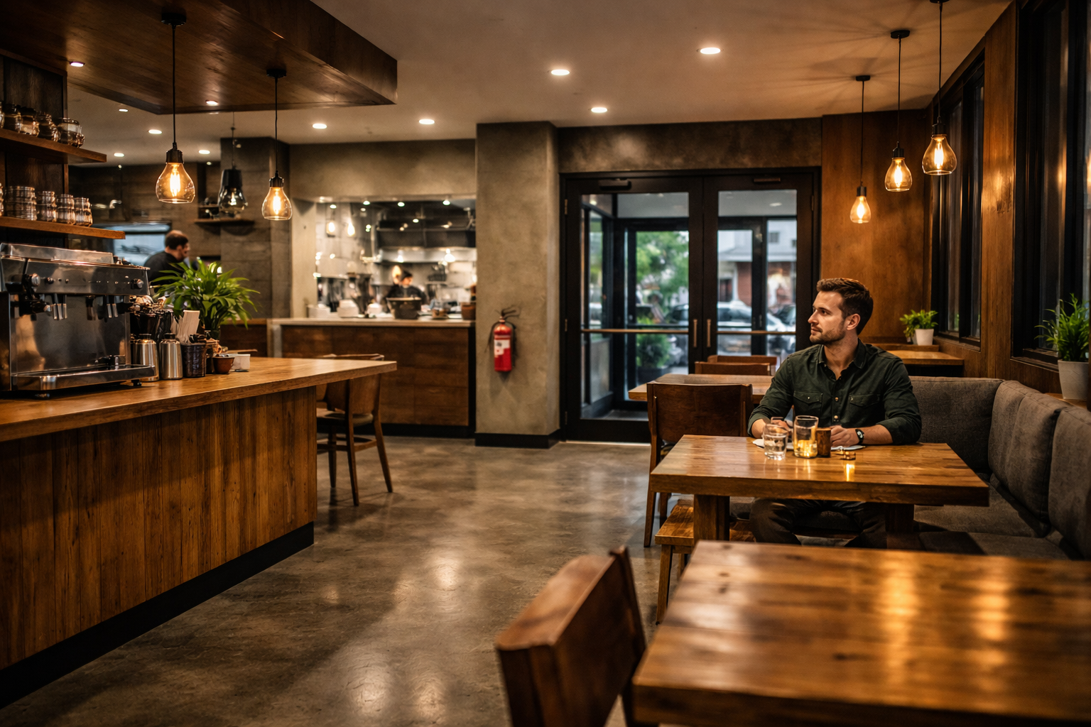 A man sitting at a corner table in a restaurant, observing the room layout and exits for personal safety.