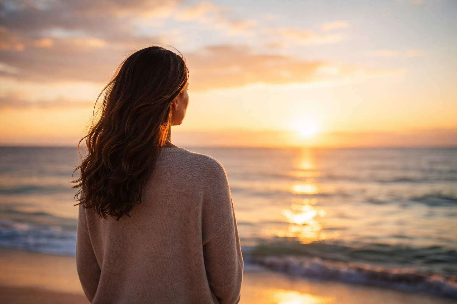 A hyper-realistic wide-angle photo of a calm person standing on a beach at sunset, facing the ocean as golden light reflects across the water and waves roll gently toward the shore, symbolizing quiet reflection and emotional calm.