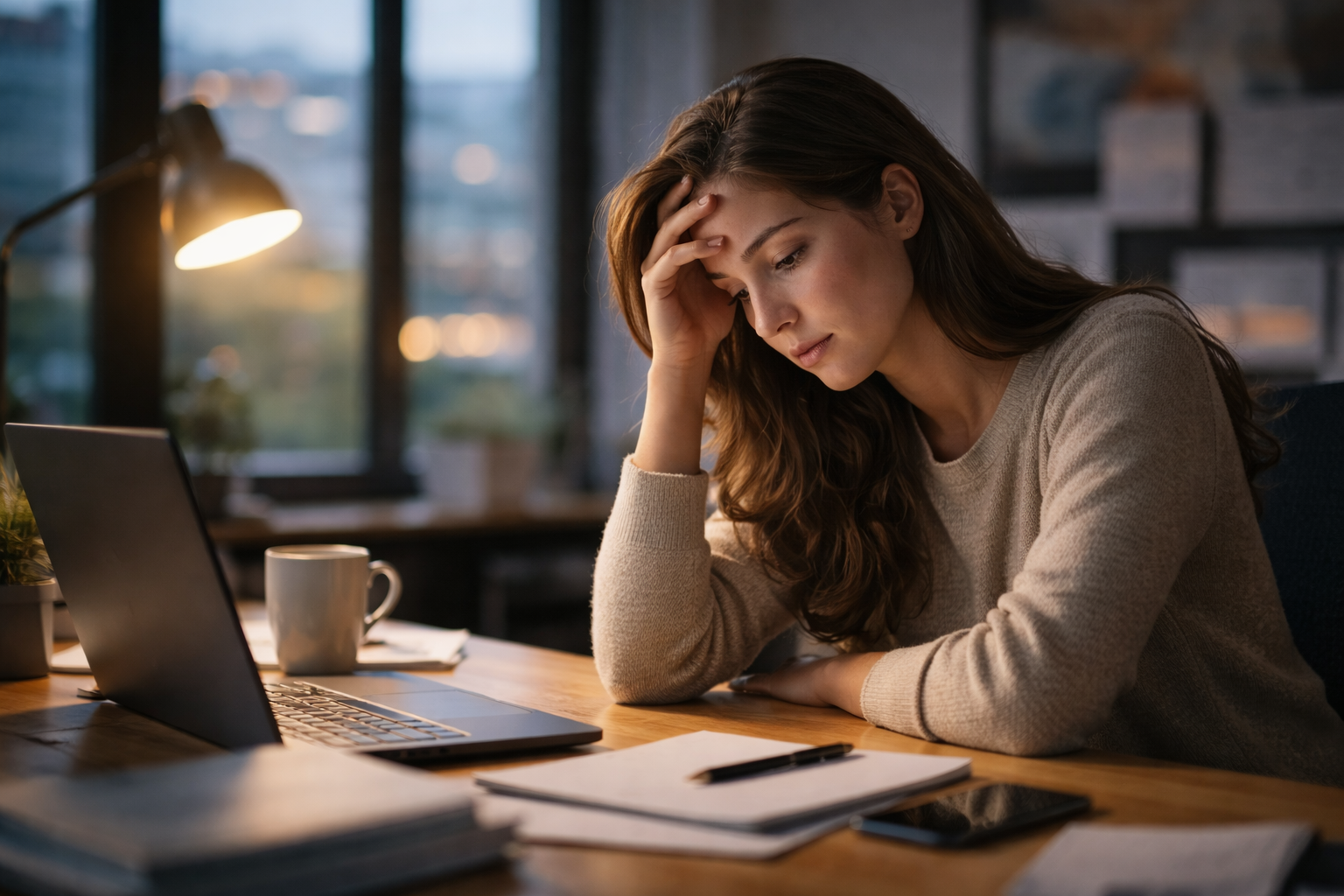 Young professional woman looking stressed while working late at her desk with a laptop, coffee mug, and notebook in a softly lit home office at night.