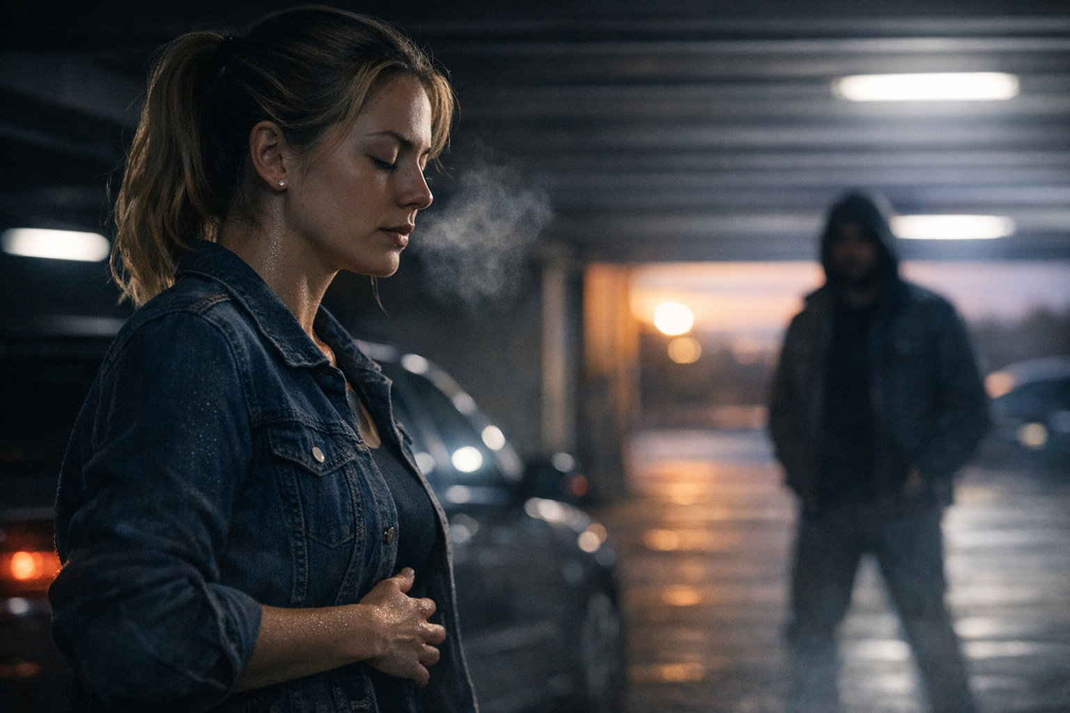 A person pausing in a dimly lit parking lot, representing a moment of intuition.