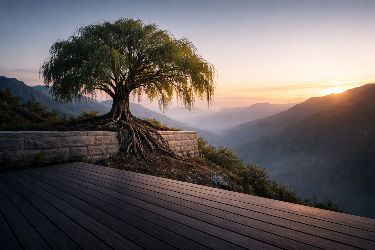 A resilient willow tree with long flowing branches grows beside a solid modern stone foundation on a high mountain ridge at dawn, its exposed roots gripping the earth while golden sunlight rises on the horizon beyond a shadowed wooden deck in the foreground.