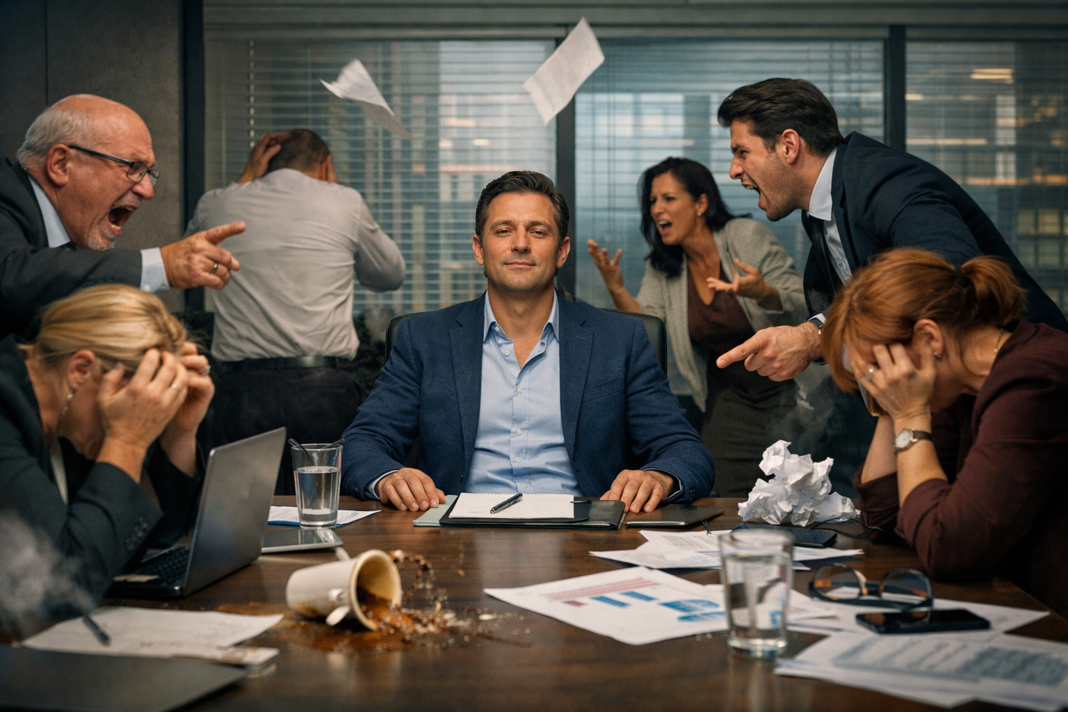 A man sitting calmly at a chaotic conference table while coworkers shout and panic, showing how to regain composure through the hardware override system.