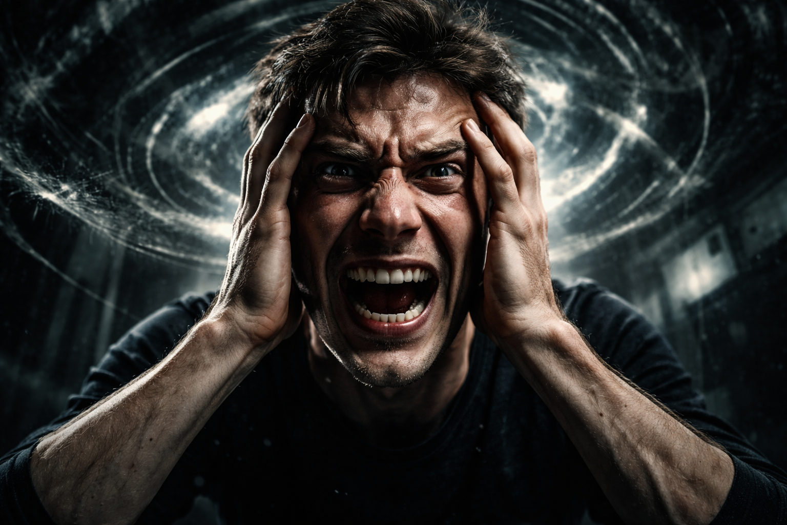 Close-up of a person shouting with hands on their temples while a chaotic white spiral swirls in a dark background.
