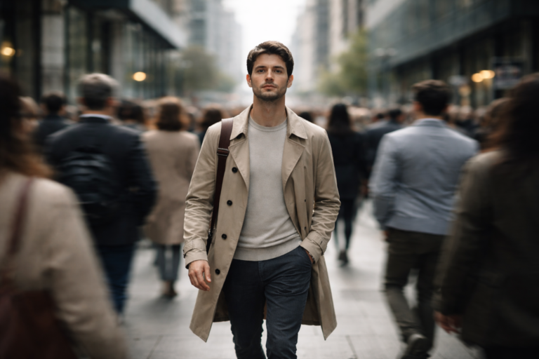 A calm man walking through a blurred city crowd to show how to stop caring what people think.