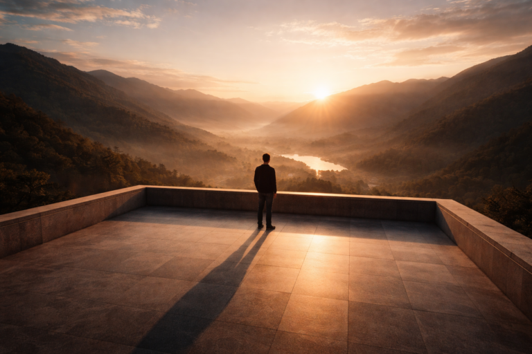 A person stands on a wide stone balcony looking out at a sunrise over a deep mountain valley. This represents the feeling of finally owning your space and letting your mind catch up to your real success, moving past the fear of imposter syndrome.
