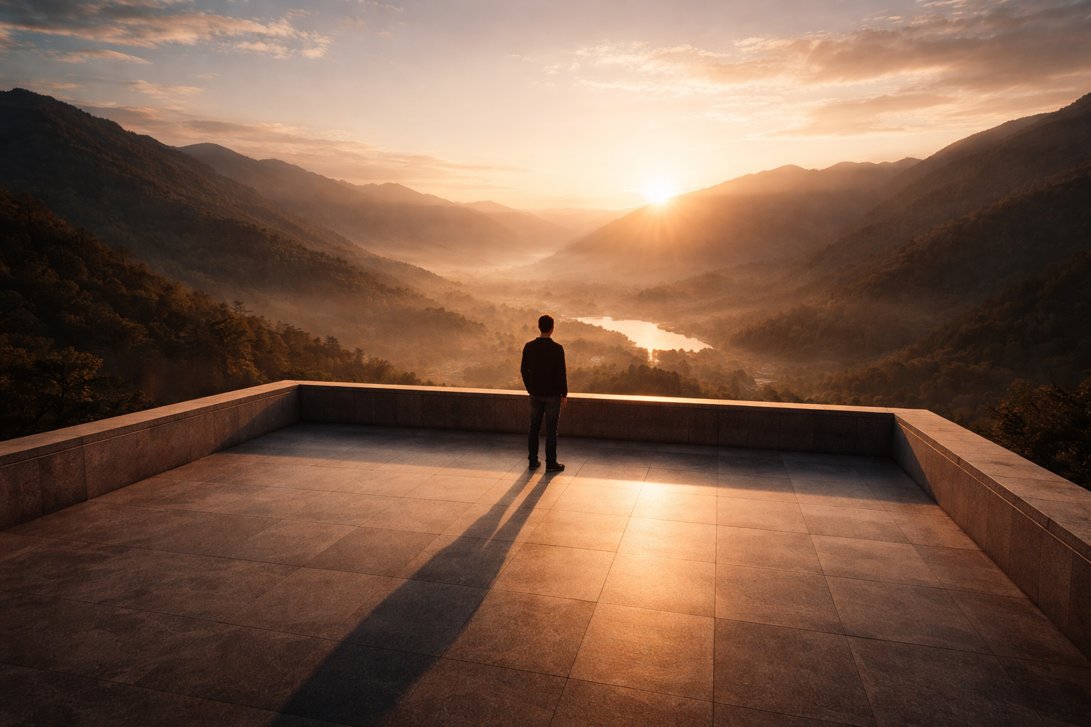 A person stands on a wide stone balcony looking out at a sunrise over a deep mountain valley. This represents the feeling of finally owning your space and letting your mind catch up to your real success, moving past the fear of imposter syndrome.