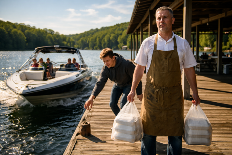 A delivery man in a white shirt and tan apron stands on a sunlit wooden dock, holding two bags of food. Behind him, a teenager in a grey hoodie reaches for a bag. A multi-passenger boat docks in the background on a lake surrounded by trees.