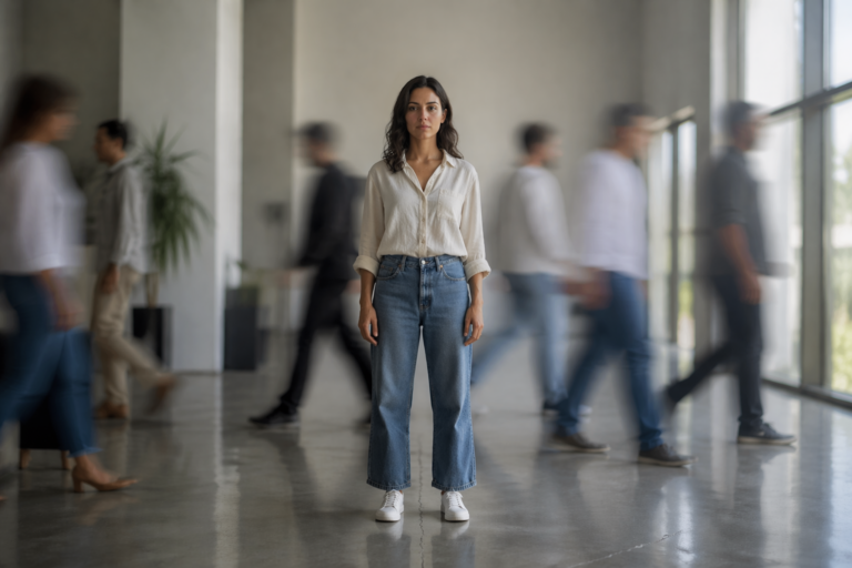 A woman stands centered and calm in a bright room, looking directly forward with sharp focus. Around her, people are blurred in motion, representing a busy and confusing environment. Her stillness shows internal control and a clear grasp of her own reality while the world around her moves out of focus.