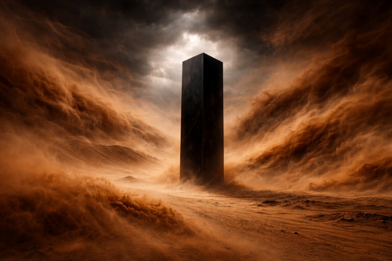 A solid black pillar standing firm in a violent desert sandstorm. This represents the structural integrity and internal architecture needed to overcome imposter syndrome and stay calm under the pressure of success.
