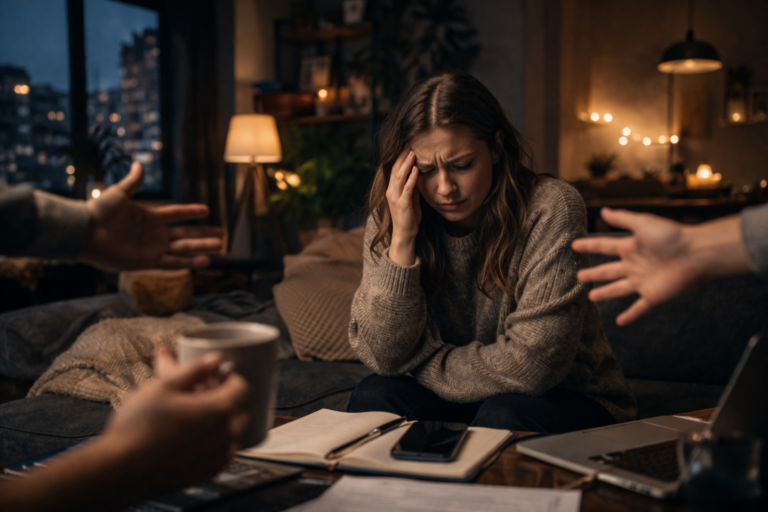 A woman sitting at a table looking overwhelmed with her hand on her forehead, while multiple hands reach toward her in demanding gestures, representing the mental load of the politeness penalty and the pressure of setting boundaries.