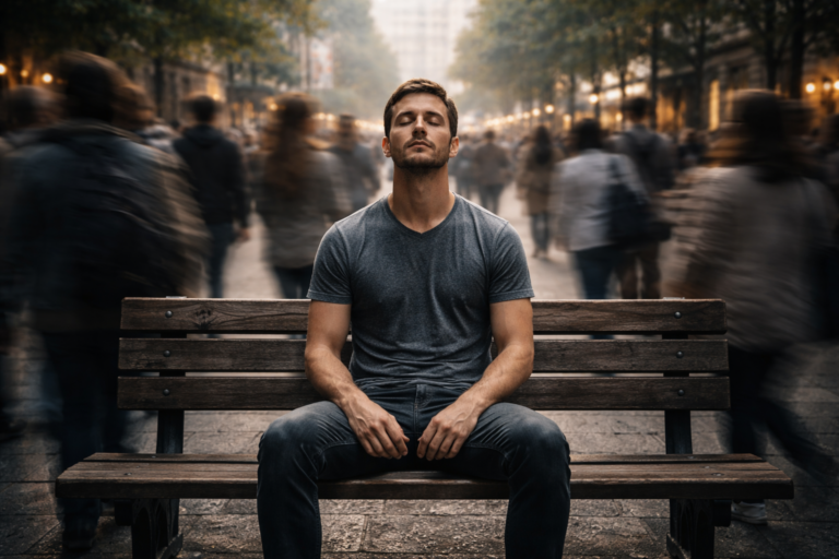 A calm man sitting on a wooden bench with his eyes closed as a blurred crowd walks past, illustrating a physical rest to stop feeling tired all the time.