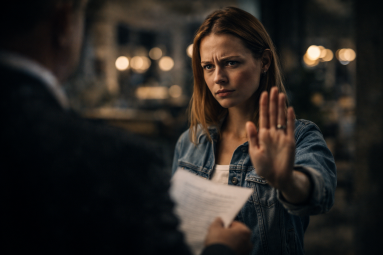 A woman in a denim jacket holding her hand up in a firm stop gesture to refuse a document, illustrating the act of setting boundaries and overcoming the politeness penalty to reclaim social sovereignty.
