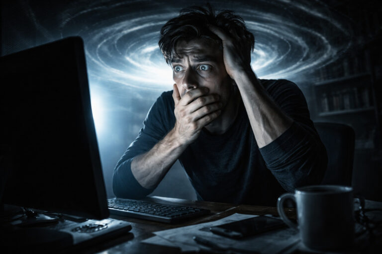 A man in a dark office stares at a glowing computer screen in shock with his hand over his mouth. A large, luminous spiral swirls in the background to illustrate the mental pressure of a loop and the importance of learning to stop worst-case thinking.