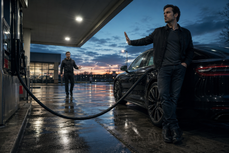 A man stands at a gas station at dusk, leaning with his back against a black car and his hand raised in a stop gesture. A fuel hose creates a physical barrier between him and another man approaching in the background. The man at the car looks away from the approaching figure, demonstrating calm awareness and control of the environment.