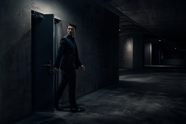 A man in a dark suit steps through an industrial door into a large, dimly lit concrete parking structure. He looks back over his shoulder with a sharp, alert expression, scanning the dark environment behind him.