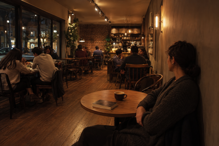 A person sits at a corner table in a quiet coffee shop, looking out at the normal, relaxed activity of the room.