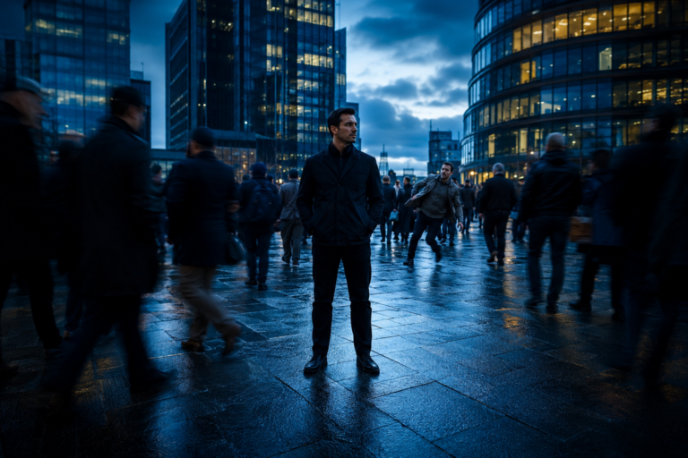 A man stands with a balanced and upright posture in the center of a busy, blurred urban plaza at night. His calm presence creates a natural radius of clear space as the crowd flows around him. In the background, he monitors an individual moving erratically against the rhythm of the crowd, demonstrating active data collection and situational control.