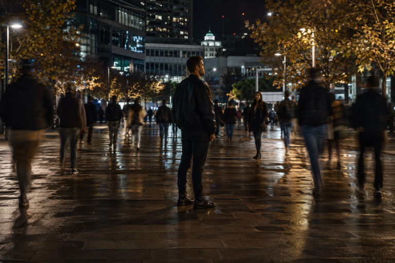 A man stands with straight, balanced posture in the center of a wet city street at night. He is wearing a dark jacket and boots, calmly looking out at his surroundings. The crowd of people walking past him is blurred by motion. Warm streetlights reflect off the damp pavement, with city buildings and trees under a dark sky in the background.