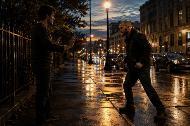 Man with raised open hands faces an aggressive man on a wet city sidewalk at dusk, illuminated by streetlights and dramatic reflections.